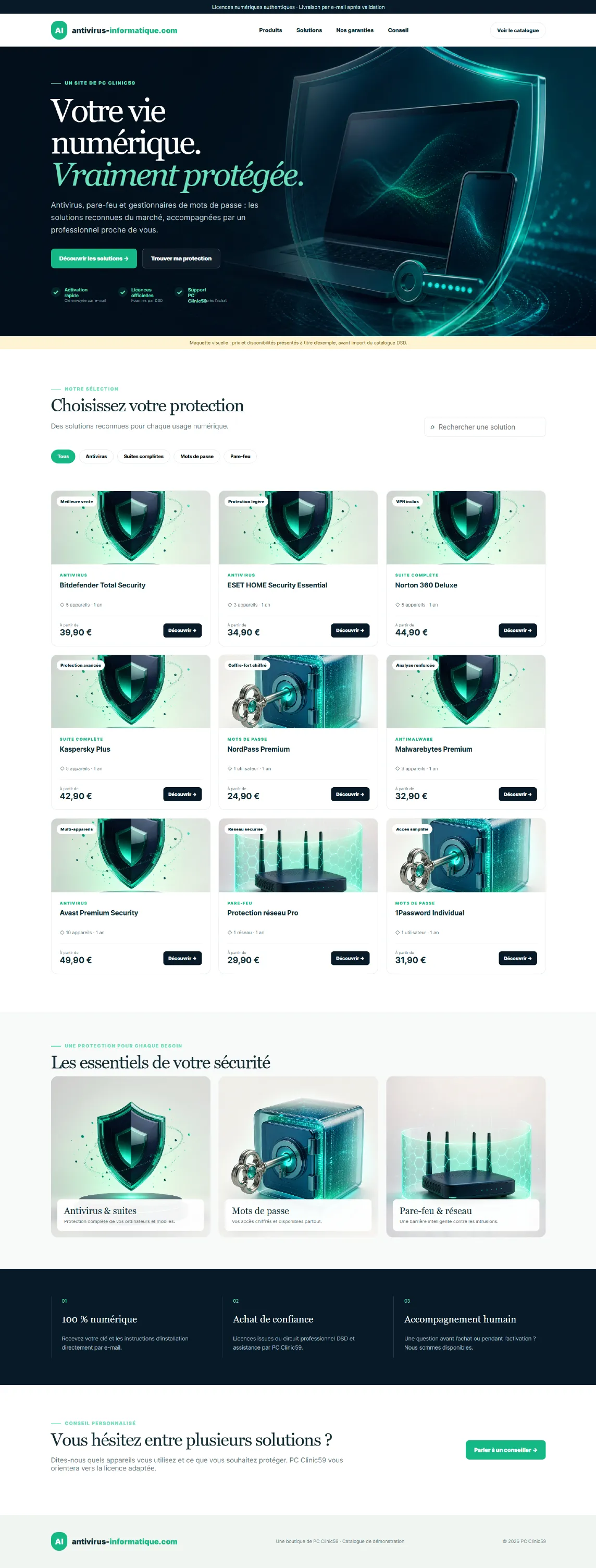 Capture complète de la page d’accueil Antivirus Informatique