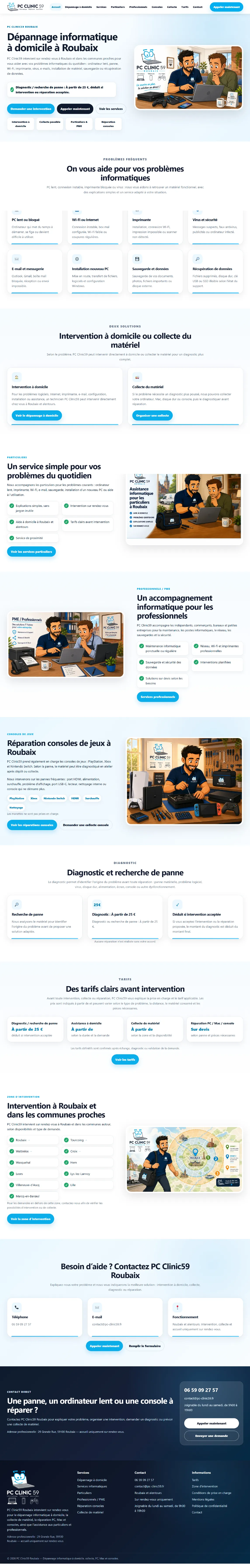Capture complète de la page d’accueil PC Clinic59