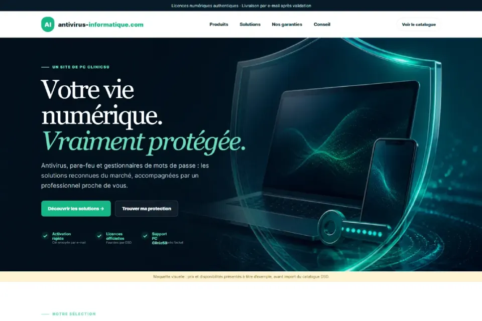 Aperçu de la page d’accueil Antivirus Informatique