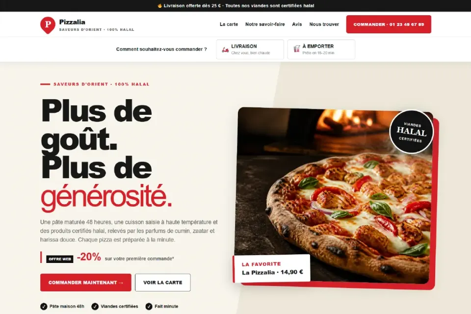 Aperçu de la page d’accueil Pizzalia